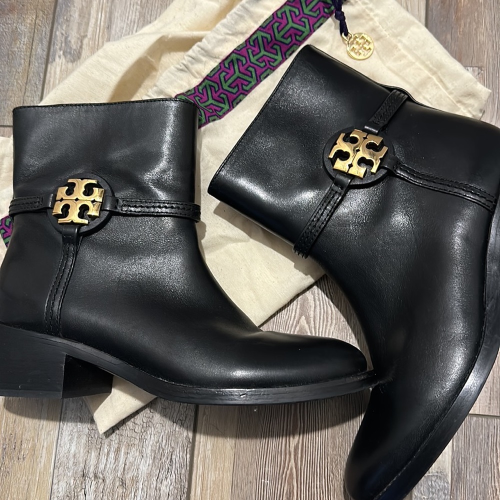 Tory Burch Black Leather Emblem Boots
